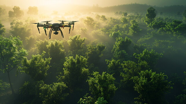 A drone flies in the mist above a lush green forest in the early sunlight