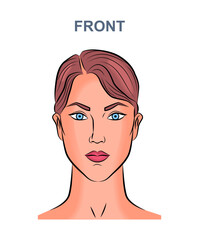 Woman face avatar concept. Young girl with inscription front. Profile for social networks. Graphic element for website. Simple flat vector illustration isolated on white background