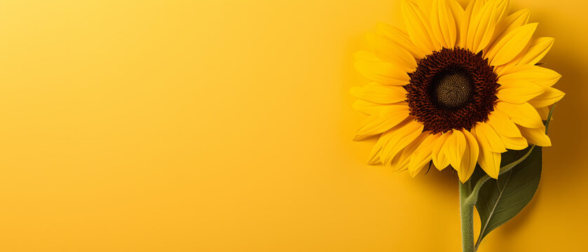 Beautiful big sunflower on a yellow background in spring
