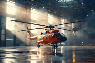 Red rescue helicopter in a hangar. Modern aviation and travel concept. Rescue and emergency services. Design for banner, poster, wallpaper - obrazy, fototapety, plakaty