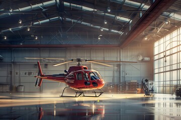 Red helicopter in a hangar with sunlight. Modern aviation and travel concept. Rescue and emergency...