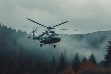 Fototapeta premium Helicopter hovering over foggy forest. Modern aviation and travel concept. Rescue and emergency services. Panoramic shot for header, poster with copy space