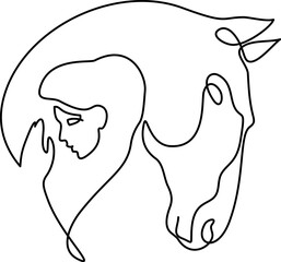 Horse and woman heads logo. Continuous one line drawing.