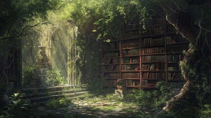 An ancient library in a hidden forest, overgrown with ivy, books filled with forgotten lore, mystical ambiance, sunlight filtering through leaves. Resplendent. - obrazy, fototapety, plakaty