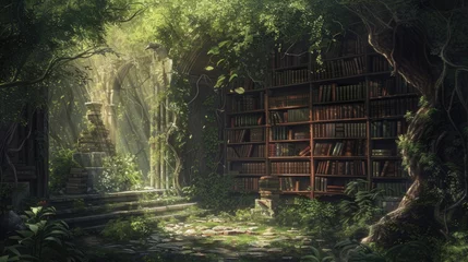 Rideaux velours Vieil immeuble An ancient library in a hidden forest, overgrown with ivy, books filled with forgotten lore, mystical ambiance, sunlight filtering through leaves. Resplendent.