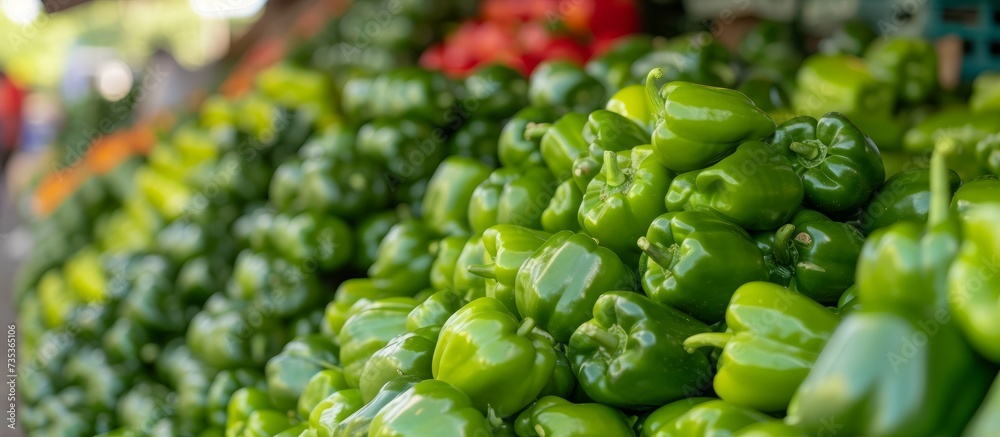 Canvas Prints A stack of vibrant green peppers is arranged neatly on a table. These versatile vegetables can be used as ingredients in various recipes and dishes.