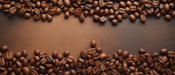 Roasted Coffee Beans Creating a Border on a Smooth Brown Background with Ample Space for Text