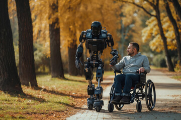 In the midst of a serene autumn park, a determined man in a wheelchair guides a helpful robot through the vibrant grass and towering trees, symbolizing the resilience and innovation of the human spir