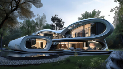 Obraz premium Step into this futuristic home and experience the full potential of smart architecture with advanced sensors and materials that seamlessly adapt to your lifestyle and personal