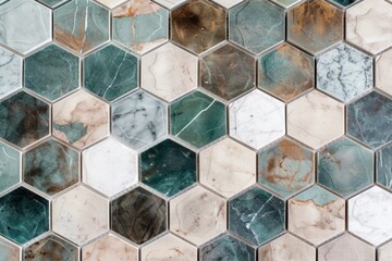 hexagon tile pattern with blue, green, and brown tiles Generative AI