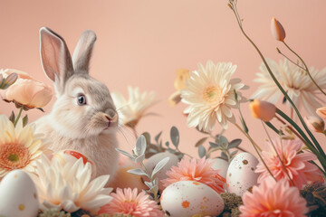 Naklejka na ściany i meble Easter Bunny with orange flowers and Easter eggs. Happy Easter background. Peach color background.