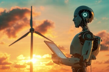 A futuristic robot captures the beauty of a colorful sky and majestic windmill, with the sun setting in the background, all while holding a tablet in the midst of an outdoor adventure