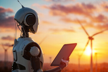 As the sun sets behind a windmill in the outdoor sky, a robot stands tall, holding a tablet to capture the beauty of the ever-changing clouds