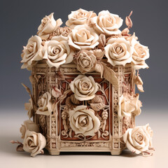 White Roses over a Carved Wooden Box