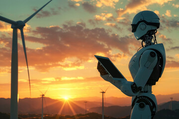 A futuristic robot stands beneath a colorful sky, its tablet displaying the sunset behind a windmill amidst drifting clouds