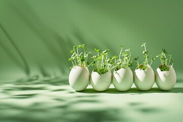 Microgreens in the eggshells, spring and easter concept. Light green color background. Space for...