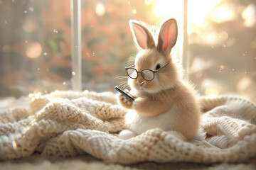 Cute bunny with glasses holding a cell phone. Happy Easter card background. - obrazy, fototapety, plakaty