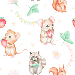 Naklejka premium Watercolor seamless pattern with forest animals and natural elements. Cute mouse, squirrel, raccoon,strawberry, plant, leaf, flower. Woodland creatures in the wild. Illustration for nursery, wallpaper