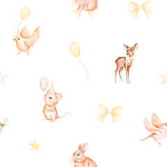 Watercolor seamless pattern with forest animals and natural elements. Baby deer, gift, daisies, birthday cake, flowers. Woodland creatures in the wild. Illustration for nursery, wallpaper, pattern