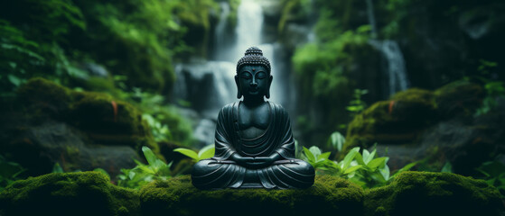 Naklejka premium Buddha Statue in a Verdant Forest Illuminated by Soft Light