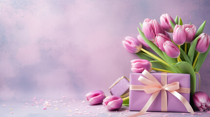 Gift box with pink tulips on a soft pink background. Spring background with tulips.