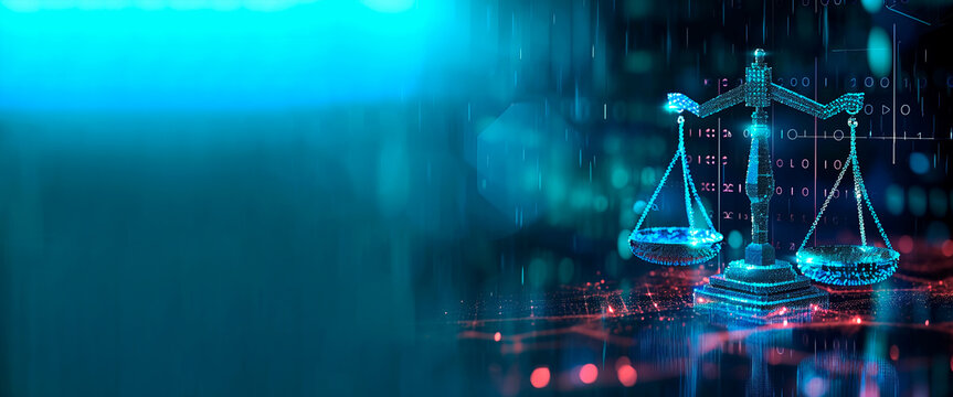 Digital law concept. Law scales at data center. Abstract banner