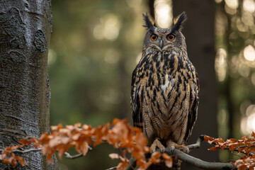 Autumn in nature with an Eurasian eagle-owl (Bubo bubo), sits on a tree branch with orange leaves in an oak forest. Portrait of a owl in the nature habitat.