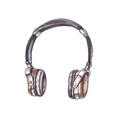 Musical headphones. Watercolor hand drawn illustration of vintage headphones for listening to music. Clipart on a white background on the theme of music, rock, jazz, blues, radio, sound recording.