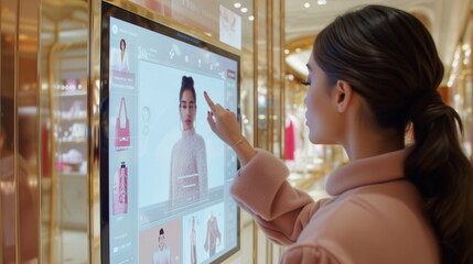 A young woman in a pink coat uses an interactive digital display to browse through fashion items in a luxury store.