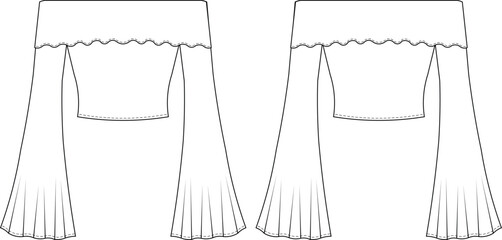 scallop off the shoulder neck flared long sleeve short crop blouse top sweater template technical drawing flat sketch cad mockup fashion woman design style model  © sin