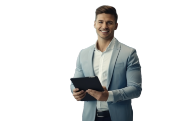 The man is using a tablet computer, with a clear background.