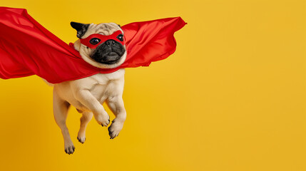Cachorro pug super-herói com capa vermelha e máscara pulando em fundo amarelo - obrazy, fototapety, plakaty