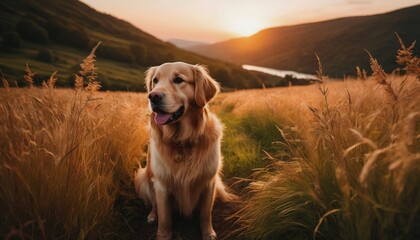Golden retriever, dog at dawn, purebred dog in nature, happy dog, beautiful dog