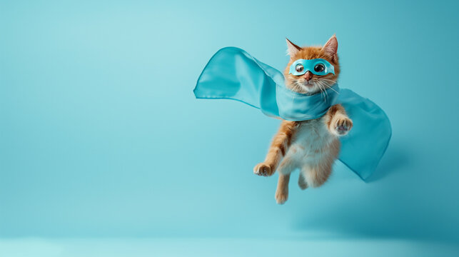 Gato engraçado em fantasia de super-herói voando sobre fundo azul. 