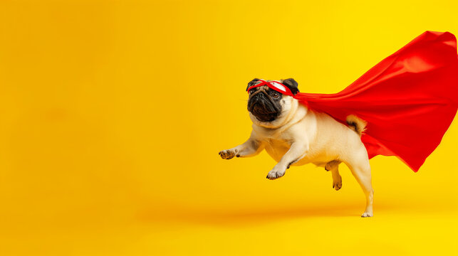 Cachorro pug super-herói com capa vermelha e máscara pulando em fundo amarelo