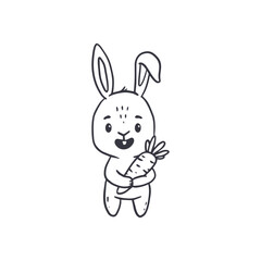cute cartoon bunny with carrot for easter and spring. Doodle style. Vector