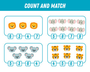 Fototapeta premium Education game for children count and match of cute cartoon animals, printable worksheet. 