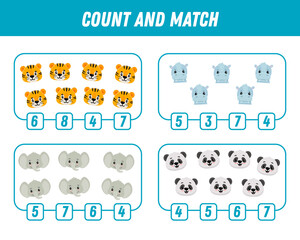 Education game for children count and match of cute cartoon animals, printable worksheet. 