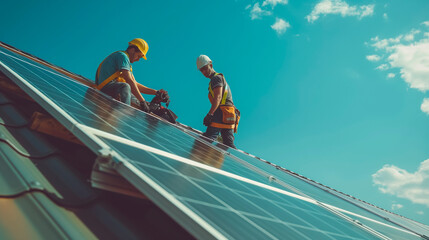Workers install solar panels on the roof of a house. Renewable energy from the sun