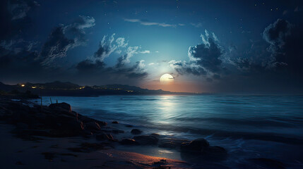 The essence of a romantic evening by the sea, where the moonlight reflects on the water, a surreal transition from dusk to night background  Ai Generative