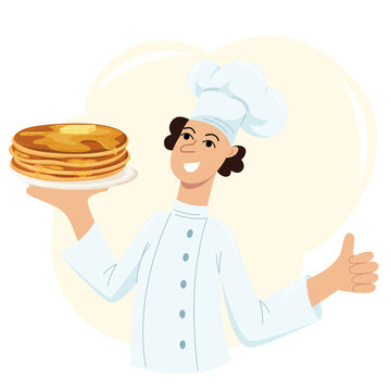 Vector illustration of a baker chef in a cap holding plates of pancakes. Image of breakfast, food, people, profession.