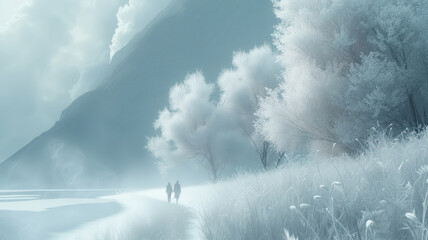 Pure spirit like landscape of snow, fog and 2 soulmates walking into the unknown