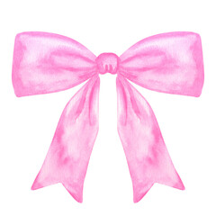Decorative pink bow with long ribbon. Accessory little girl. Hand drawn watercolor illustration isolated on white background. For gender reveal party, baby shower, children's design