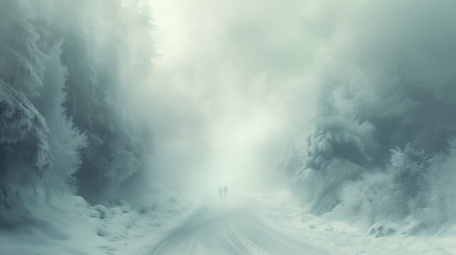 Pure spirit like landscape of snow, fog and 2 soulmates walking into the unknown