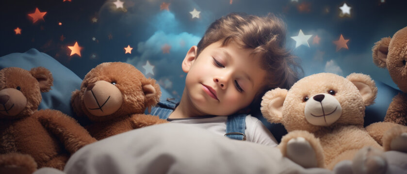 Toddler child sleeping peacefully surrounded by teddy bears under a starry night sky