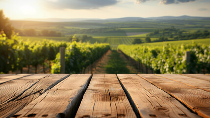 Empty wooden table with vineyard background. Selective focus on tabletop - obrazy, fototapety, plakaty