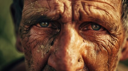 Closeup portrait of a farmer their face marked with lines of exhaustion and sweat. The labor and demands of the land have taken a toll on their body.