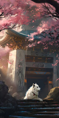 wolf under a cherry tree temple