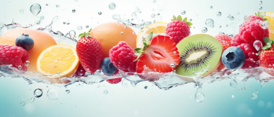 Fresh Fruits and Berries Splashing in Water