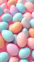 Pile of Pastel Colored Eggs on Pink Background